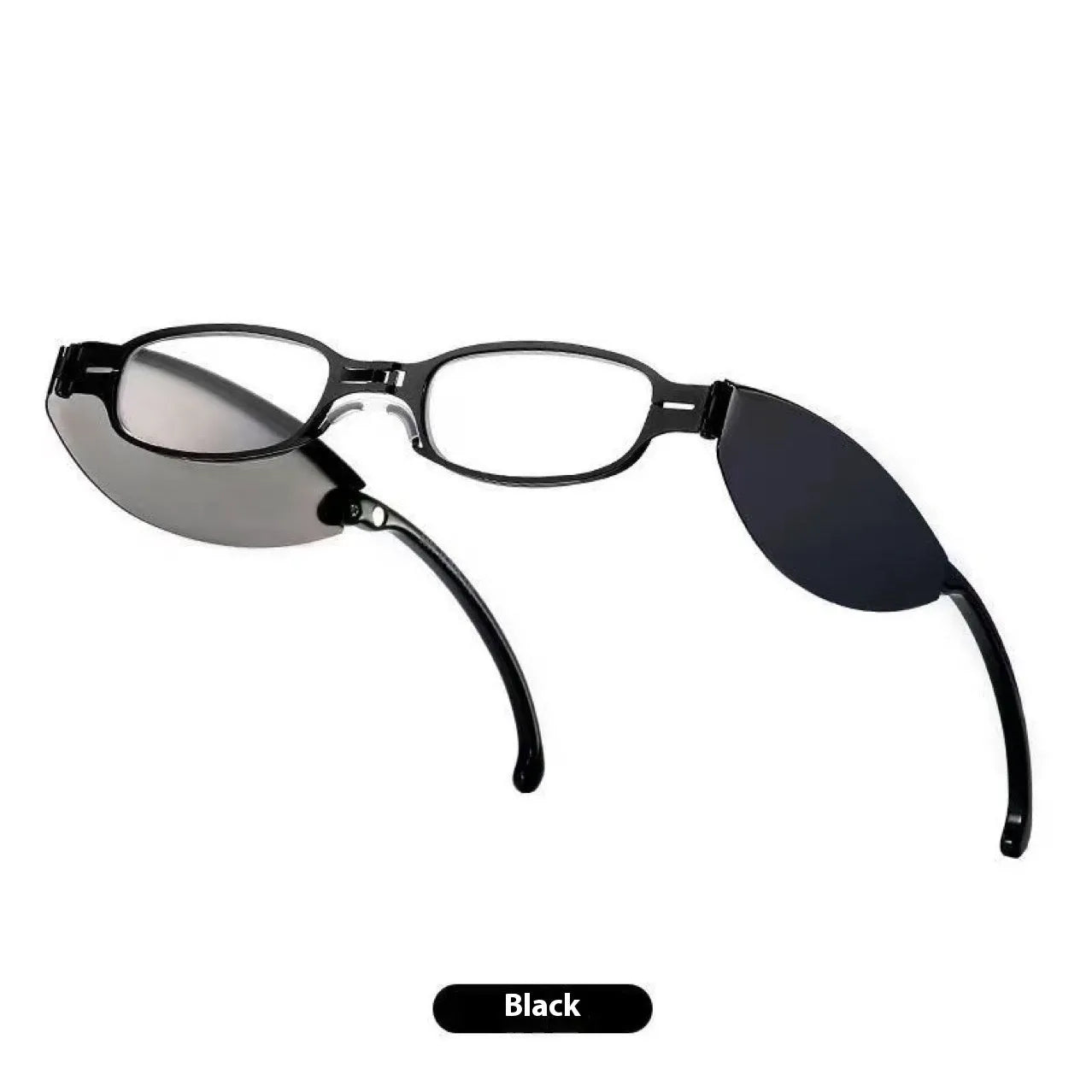 Folding presbyopic glasses in black retro frame showing folded and open positions
