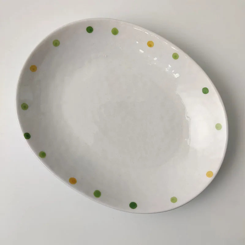 Set of dot pattern ceramic plates in Japanese style irregular shape 7.25 inches porcelain with underglaze colour