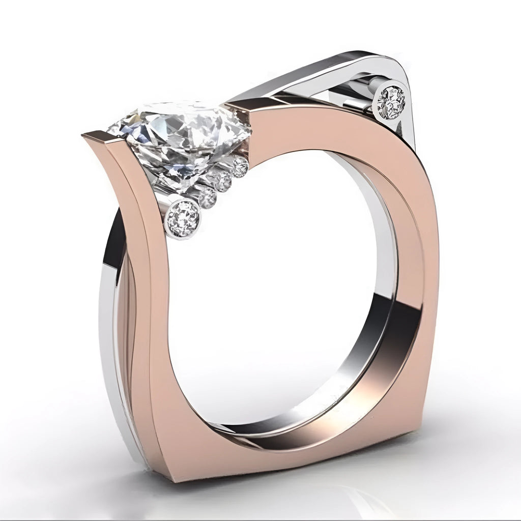 Rose gold electroplated alloy couple ring with inlaid zircon stones in a geometry shape.