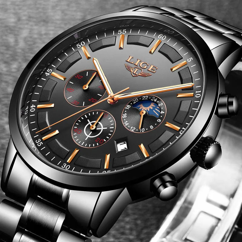 Men's black and rose red gold waterproof quartz sports watch with business styling and 12mm case