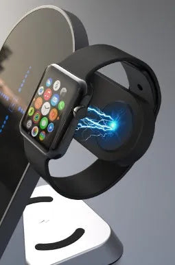 Black six-in-one wireless charging alarm clock with colour display on a nightstand.