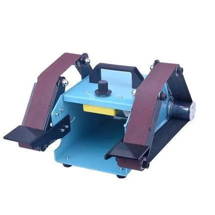 Blue desktop dual-axis belt sander with two sanding belts, variable speed control, and a 750W motor.