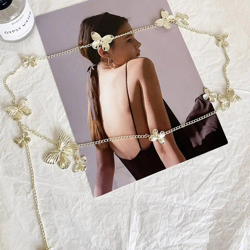 Gold or silver alloy waist chain for women featuring a butterfly design, showing its 104cm length.