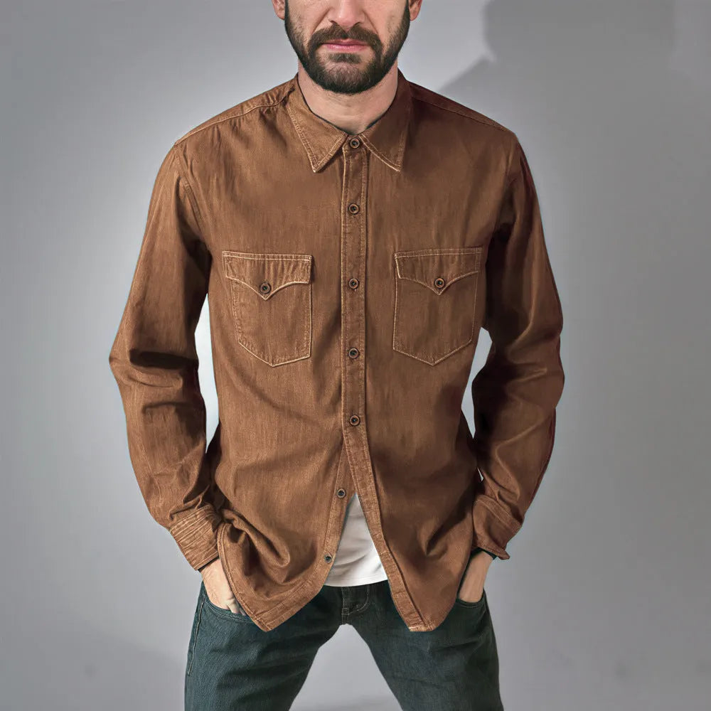 A khaki cotton denim cardigan coat hanging, showing its open front and regular fit.