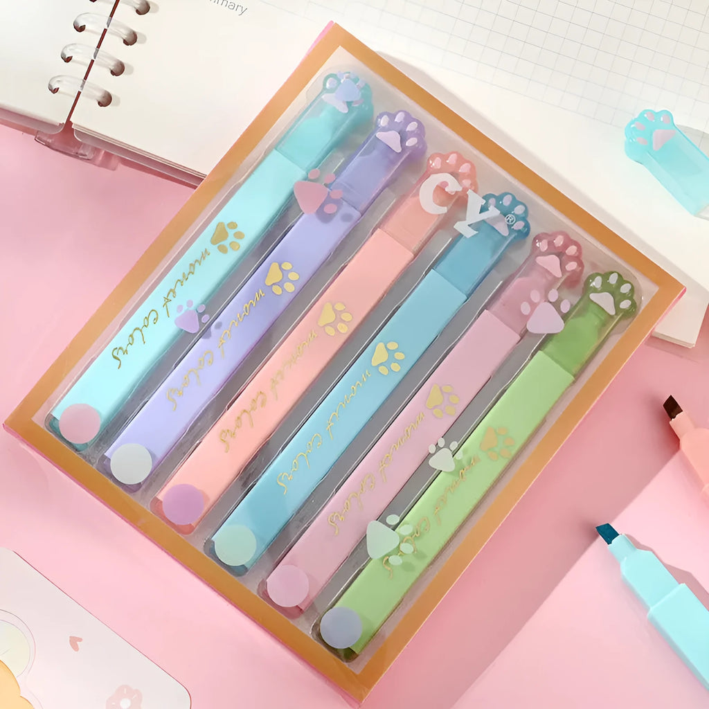 Cat's Paw set of six fluorescent marking pens with oblique heads in a box.