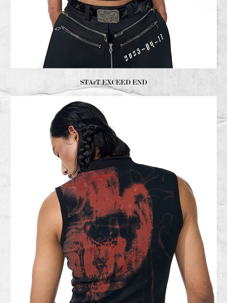 Black half turtleneck sleeveless t-shirt with character pattern print in slim Korean style fit