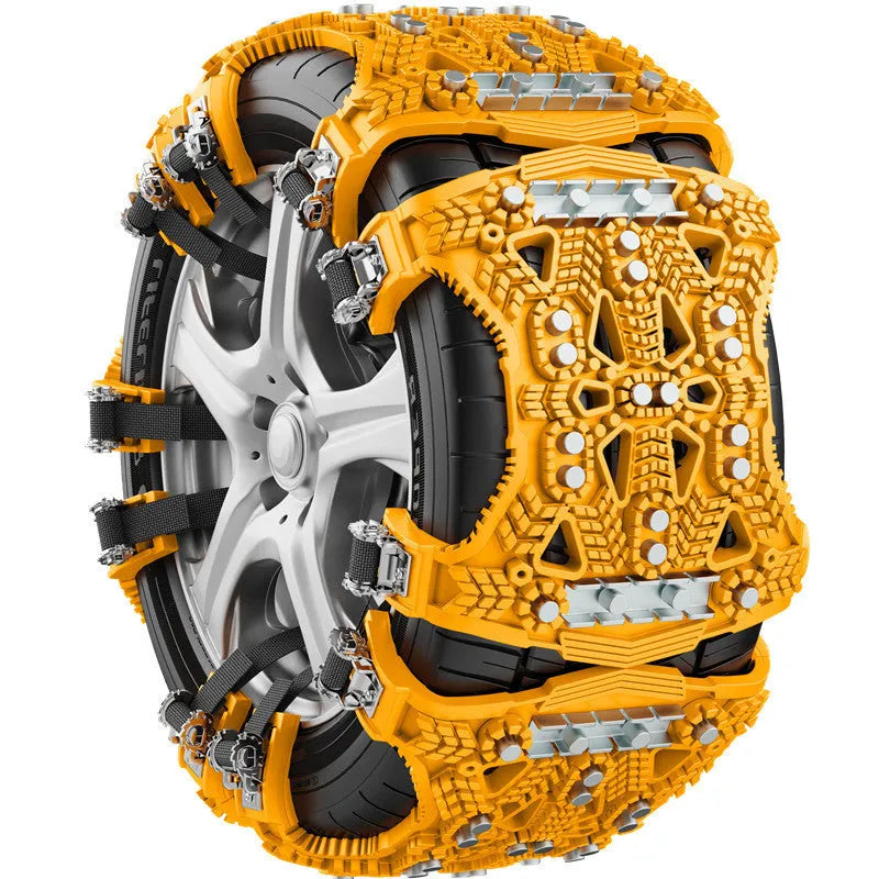 Universal armoured steel tyre chain set for cars and SUVs with installation tools in black or yellow.