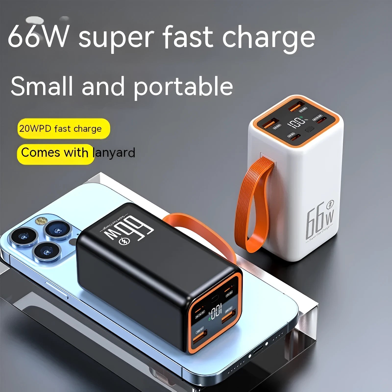 20000 mAh fast charge power bank in black or white plastic casing
