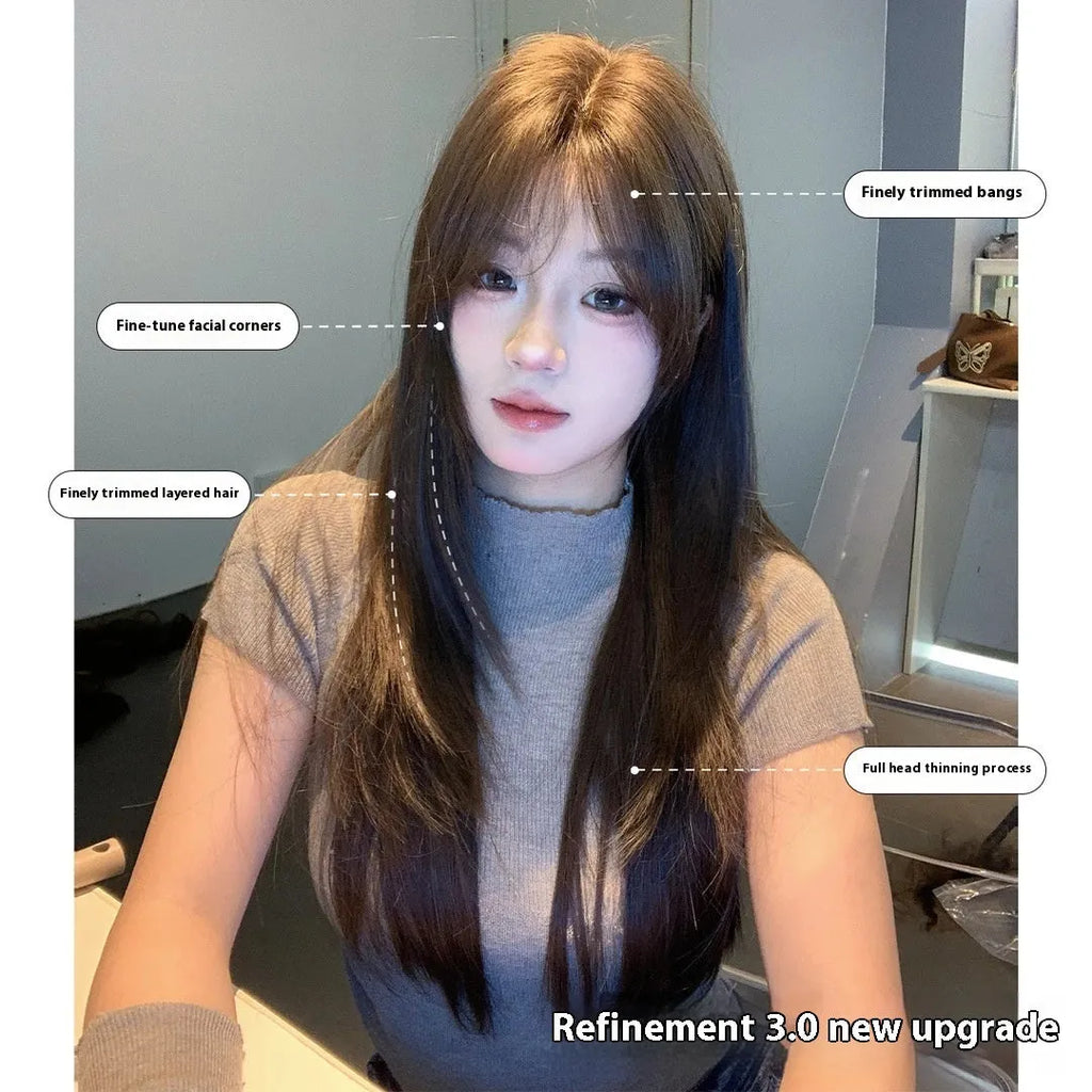 Cold brown layered long straight full-head wig with lace front design
