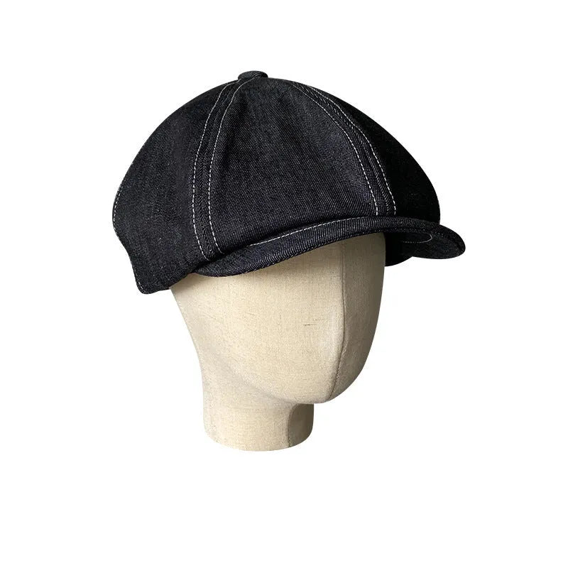 Black Japanese denim cotton beret hat shown on adult head