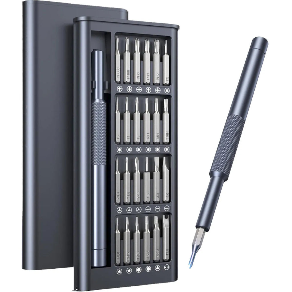 25-in-one precision screwdriver set with magnetic tip and chrome vanadium steel bits on a white background.