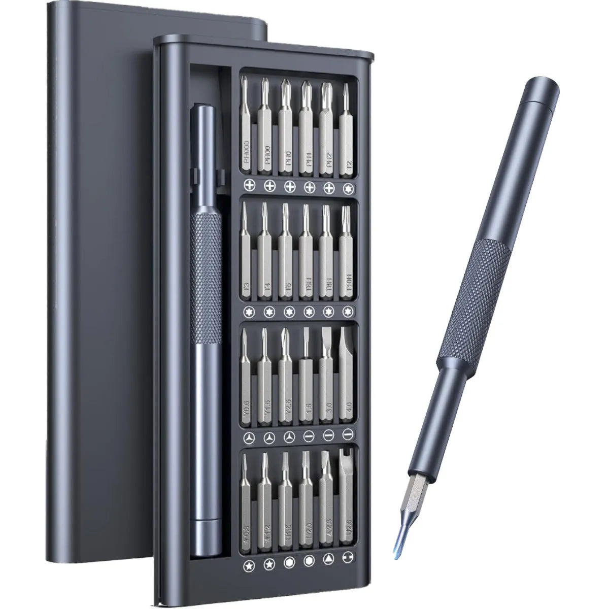 25-in-one precision screwdriver set with magnetic tip and chrome vanadium steel bits on a white background.