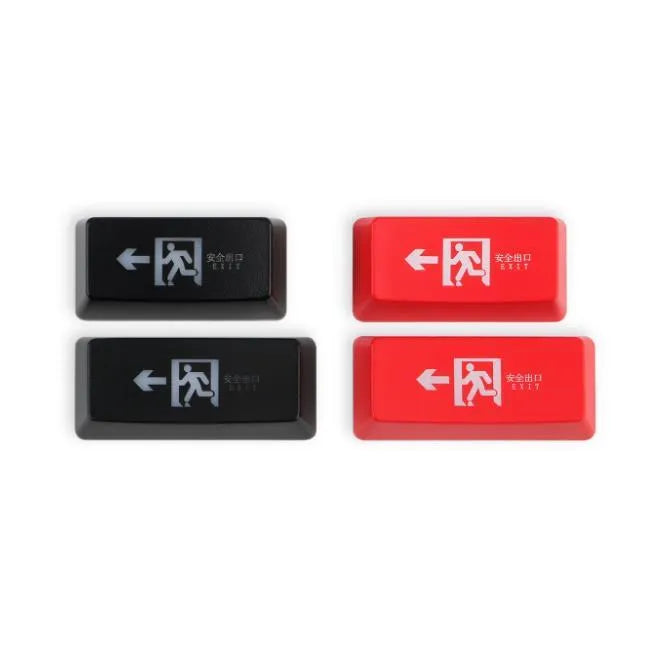 Transparent mechanical keyboard key cap with red evacuation exit symbol for backspace function