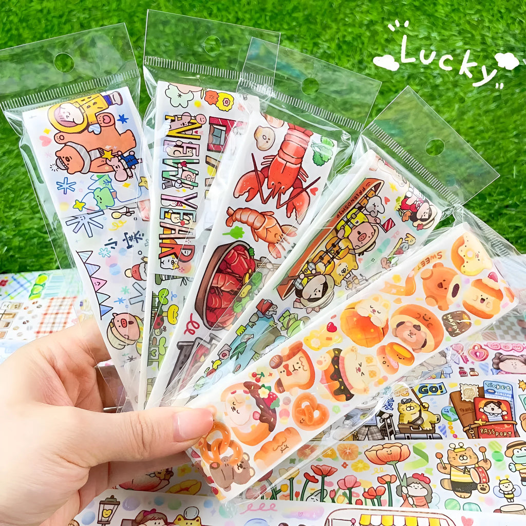 Colourful cartoon character adhesive sticker for sealing haemorrhoid tape packaging on Japanese paper.