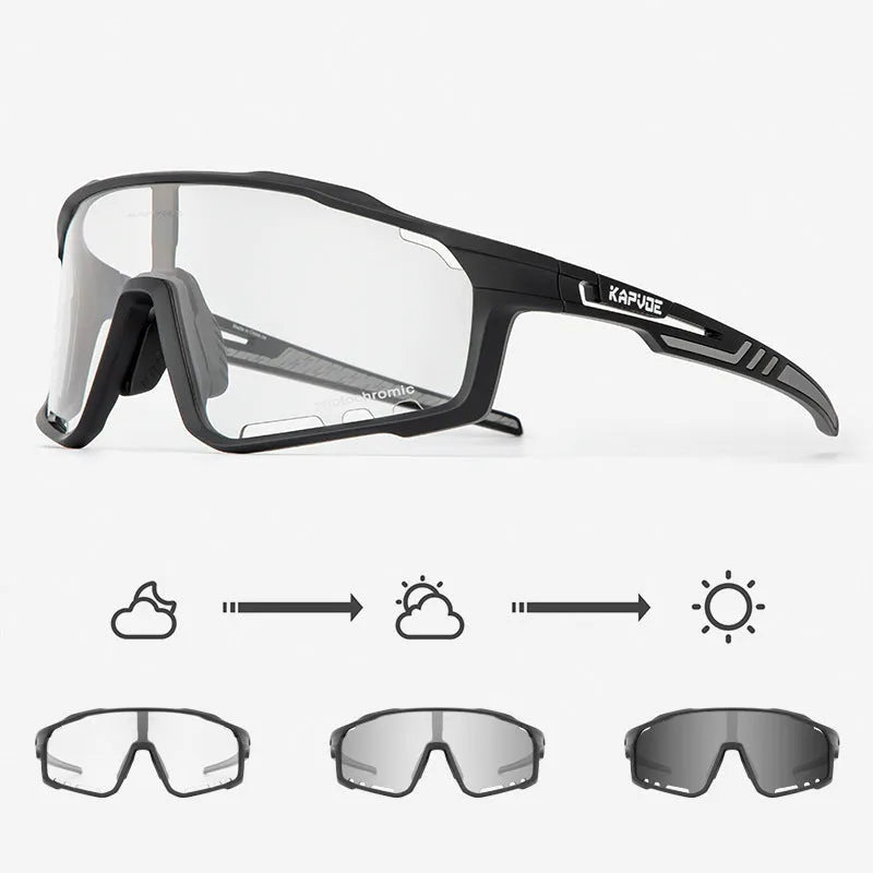 Photochromic cycling sunglasses with semi-rimless TR90 frame on a bicycle helmet.