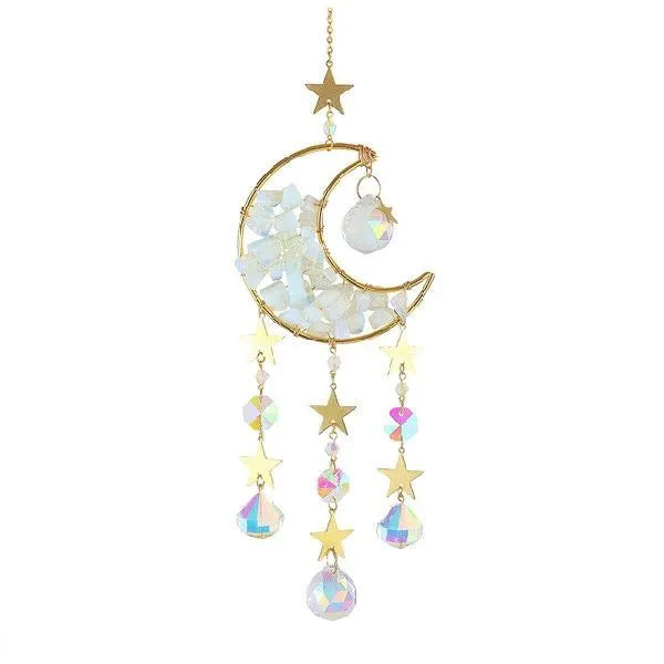 K9 crystal moon charm pendant on a metal chain for car rear-view mirror decoration.