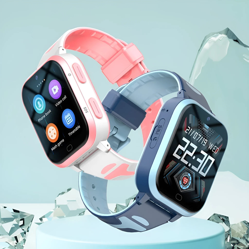 Child smart watch with 1.83-inch screen in black, blue, and pink colours showing video call function