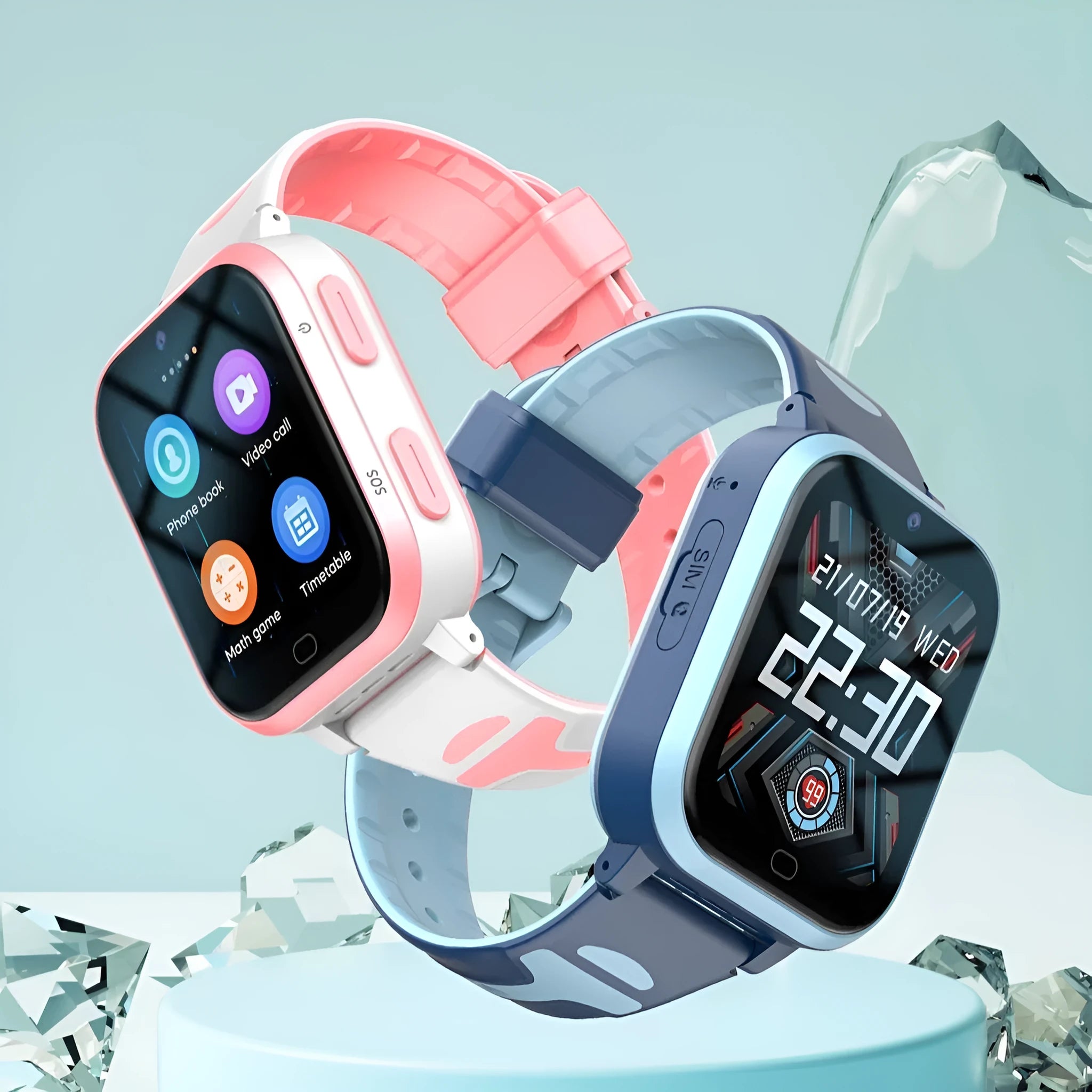 Child smart watch with 1.83-inch screen in black, blue, and pink colours showing video call function