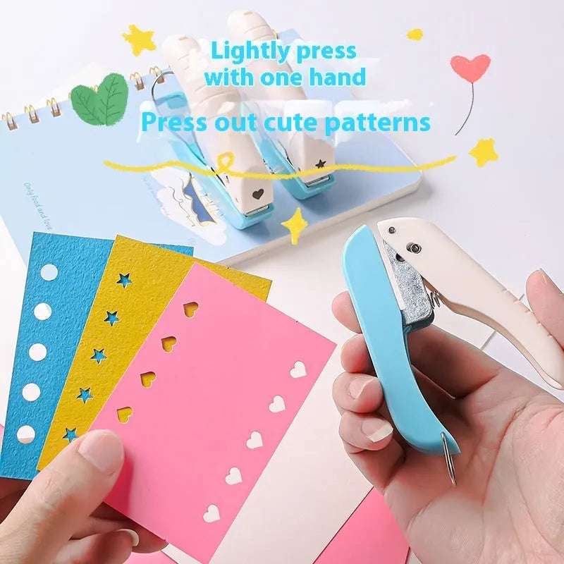 Manual handheld punching machine with love, star, and round pattern plates for paper craft.