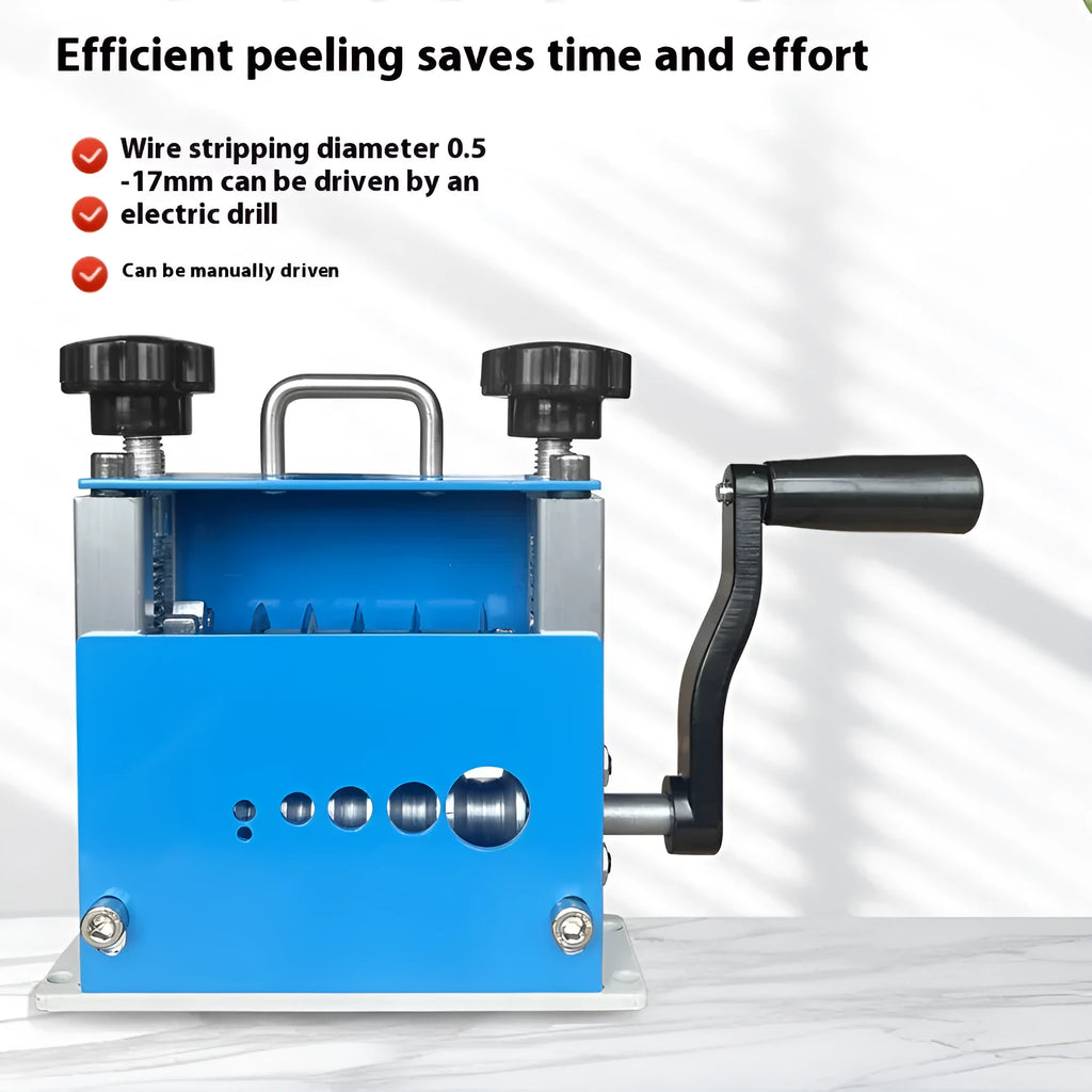 SD-017 manual wire stripping machine on a workbench, showing adjustable blades for cables from 0.5mm to 17mm diameter.
