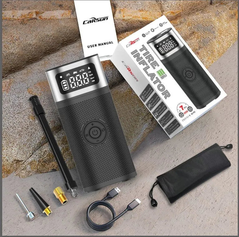 Black portable wireless air pump with 15cm tube, multiple nozzles and USB charging cable