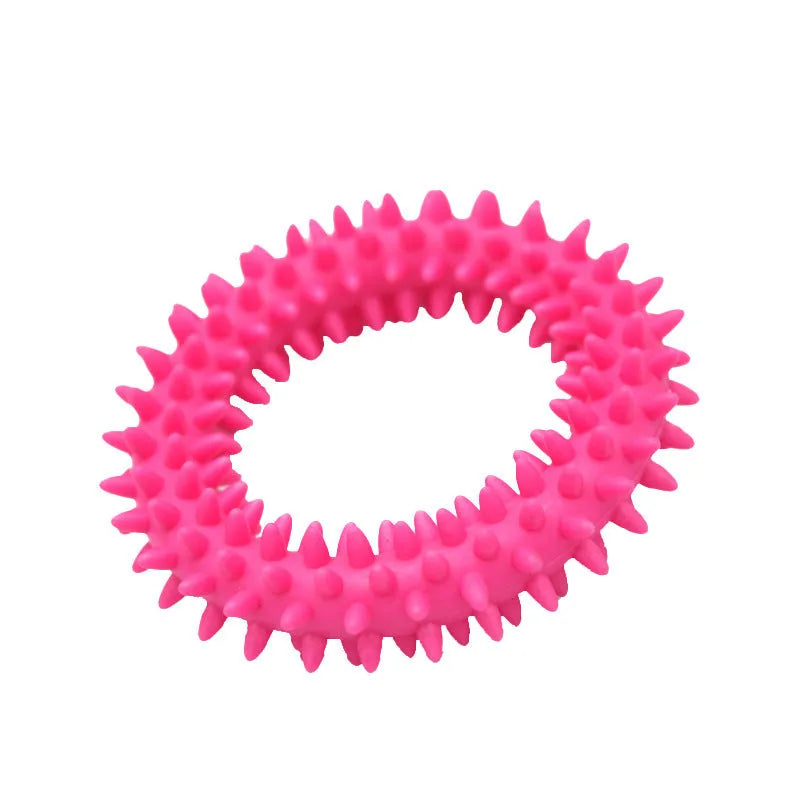 Blue TPR spiky circle ring dog chew toy for dental cleaning on a white background.