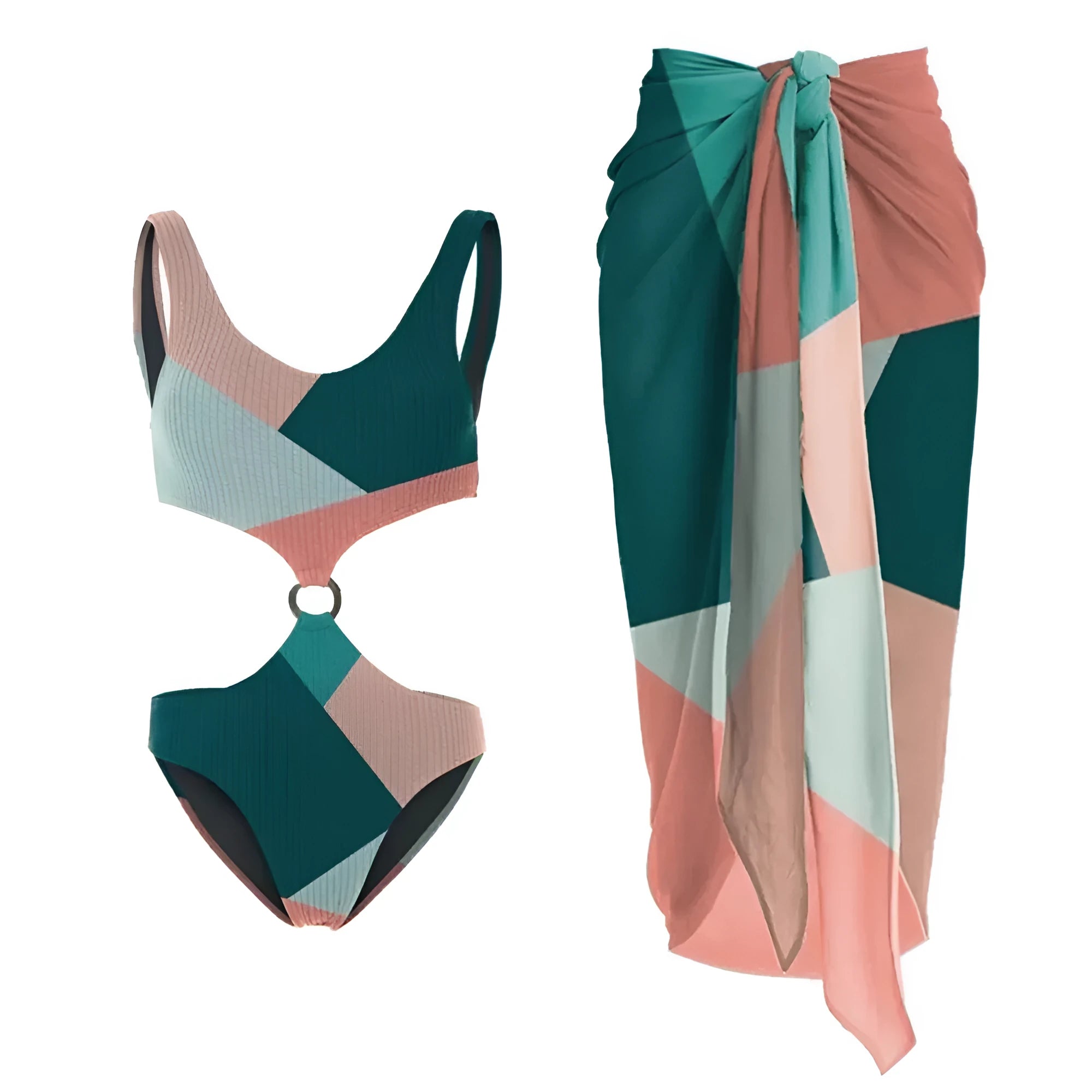 Women's two-piece polyester swimsuit bikini set with contrasting mesh gauze skirt