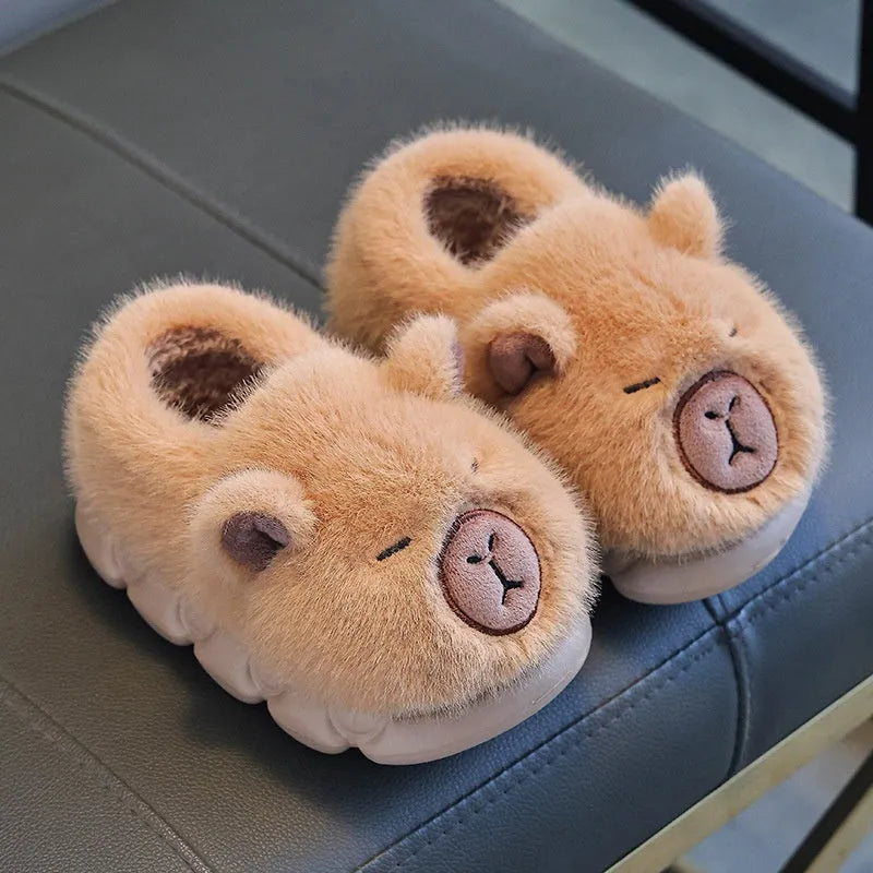 Kappabala children's winter cotton heel house slippers in light coffee colour with cartoon pattern and EVA sole
