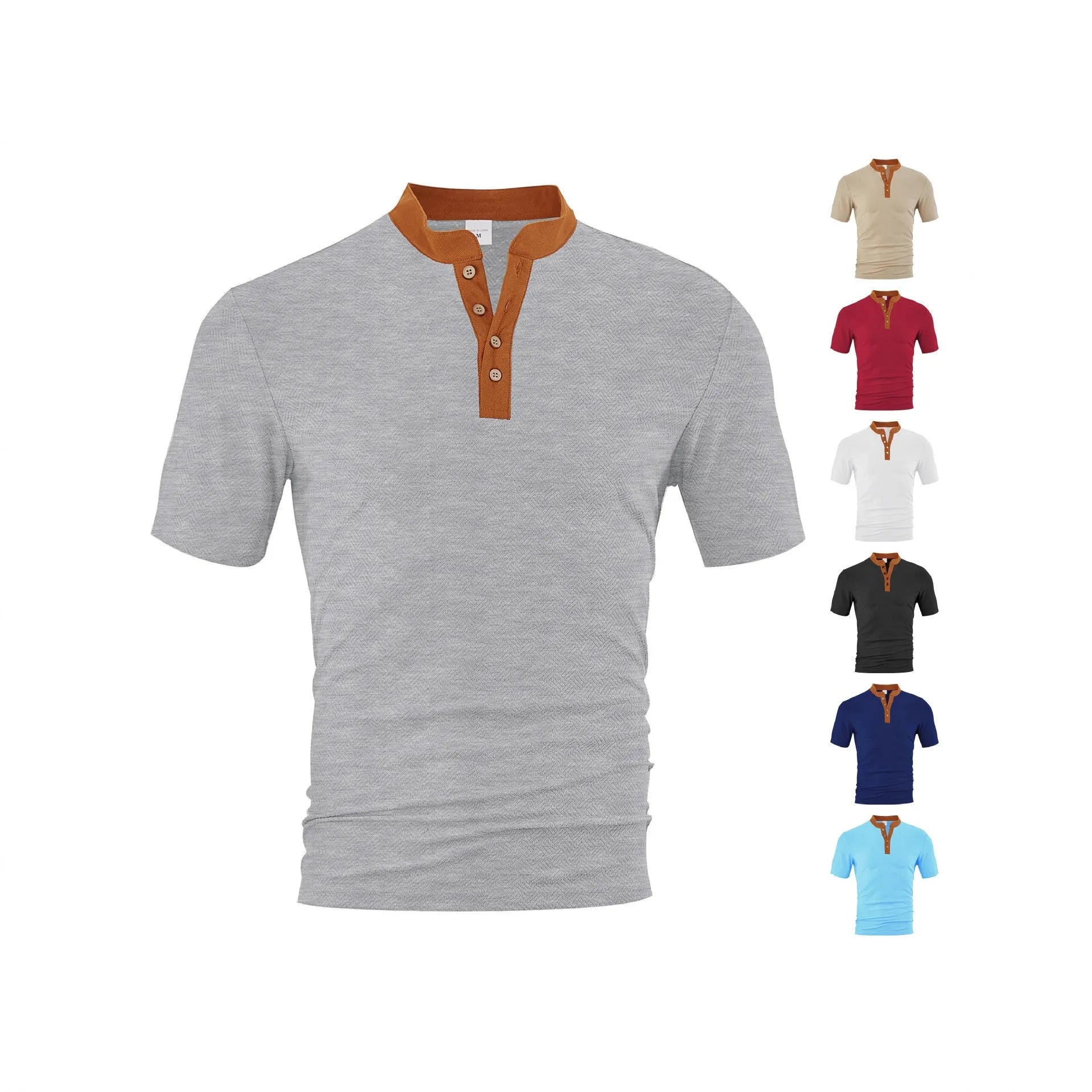 Casual loose polyester button-up short sleeve men's shirt in khaki