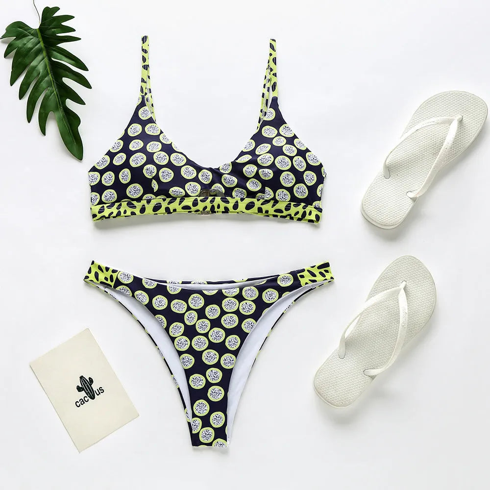Women's bikini swimsuit set in black and white dots and red and white stripes patterns.