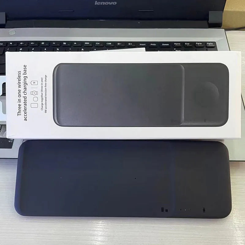 Two-in-one wireless charger with a black base, detachable headset pad, and foldable watch stand