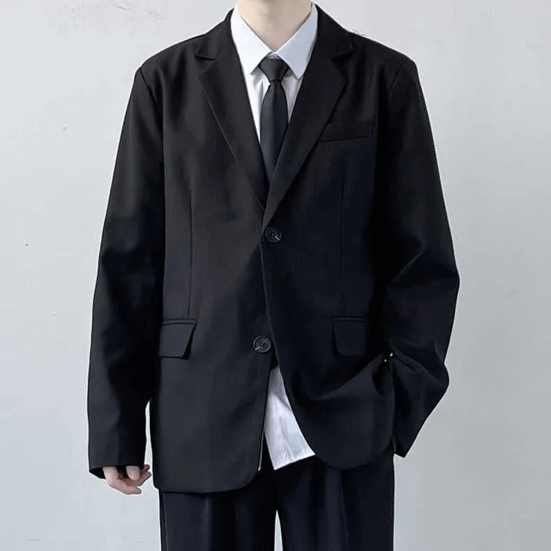 Plus size men's college style suit jacket in polyester with trousers, white shirt, and tie.