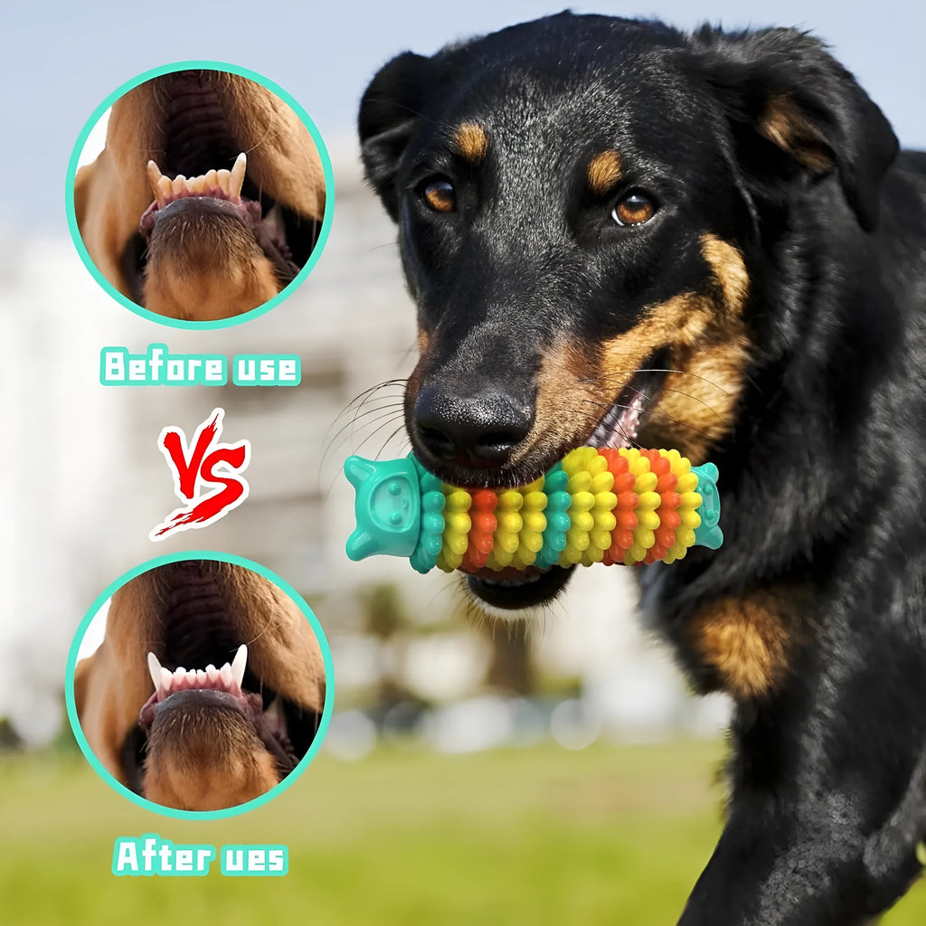 Blue green pink rubber caterpillar shape dog chew toy for aggressive chewers on a white background.