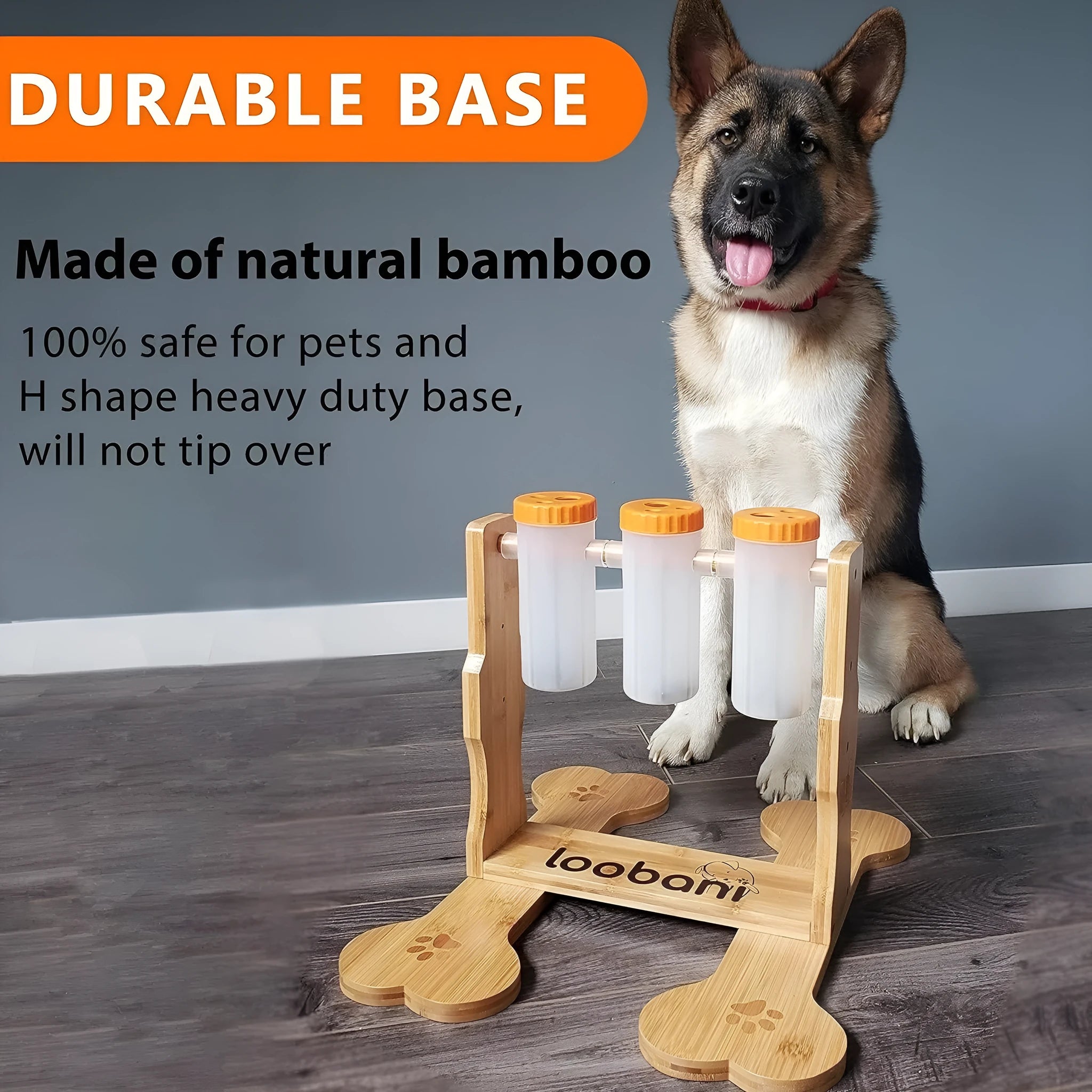 Wooden interactive dog puzzle toy and slow feeder with treat slots, 31cm long.