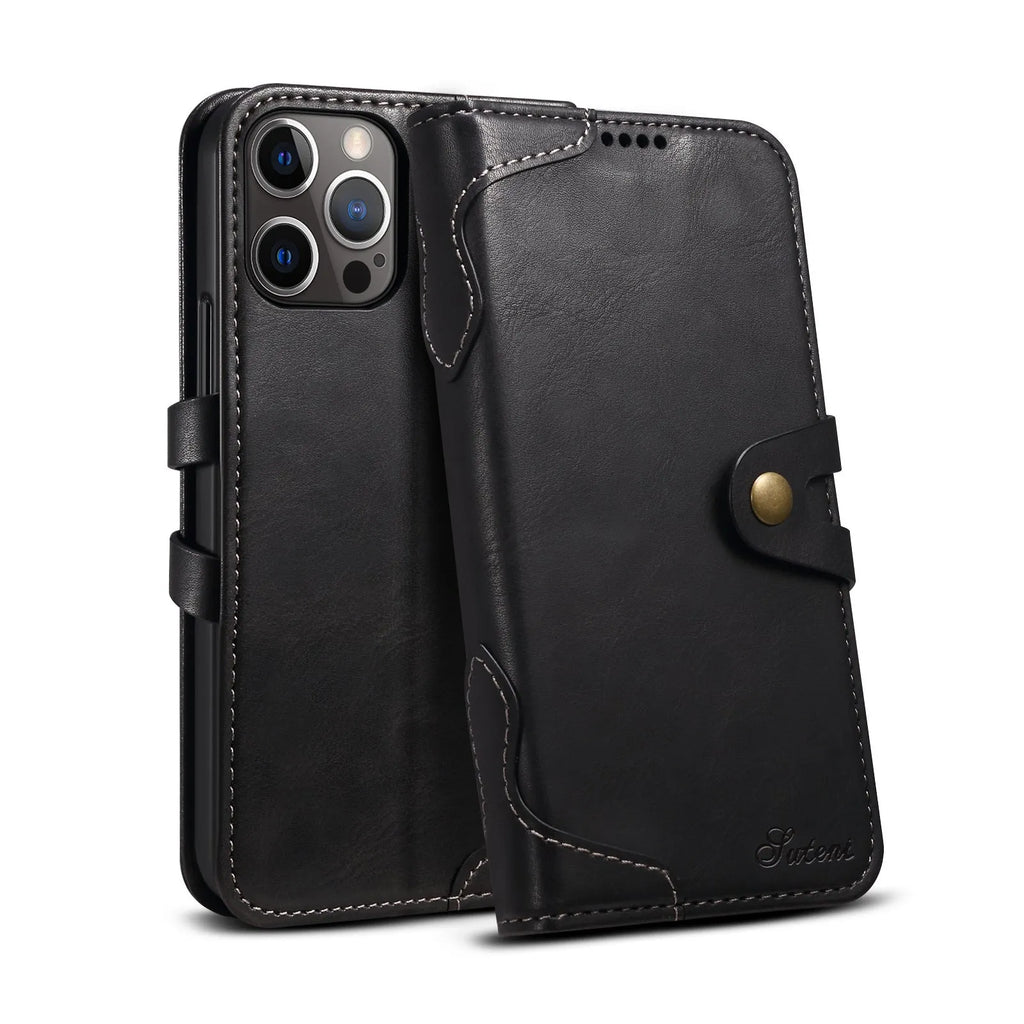 Flip leather wallet phone case for iPhone 13 in black with card slots open