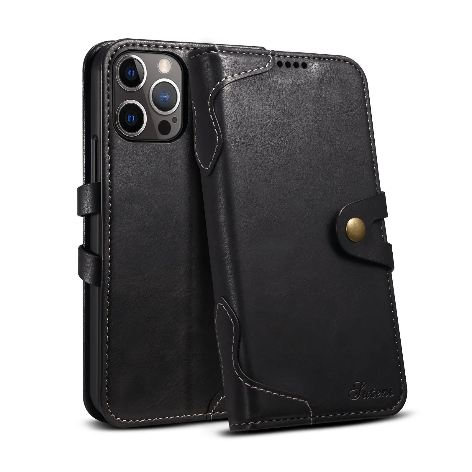 Flip leather wallet phone case for iPhone 13 in black with card slots open