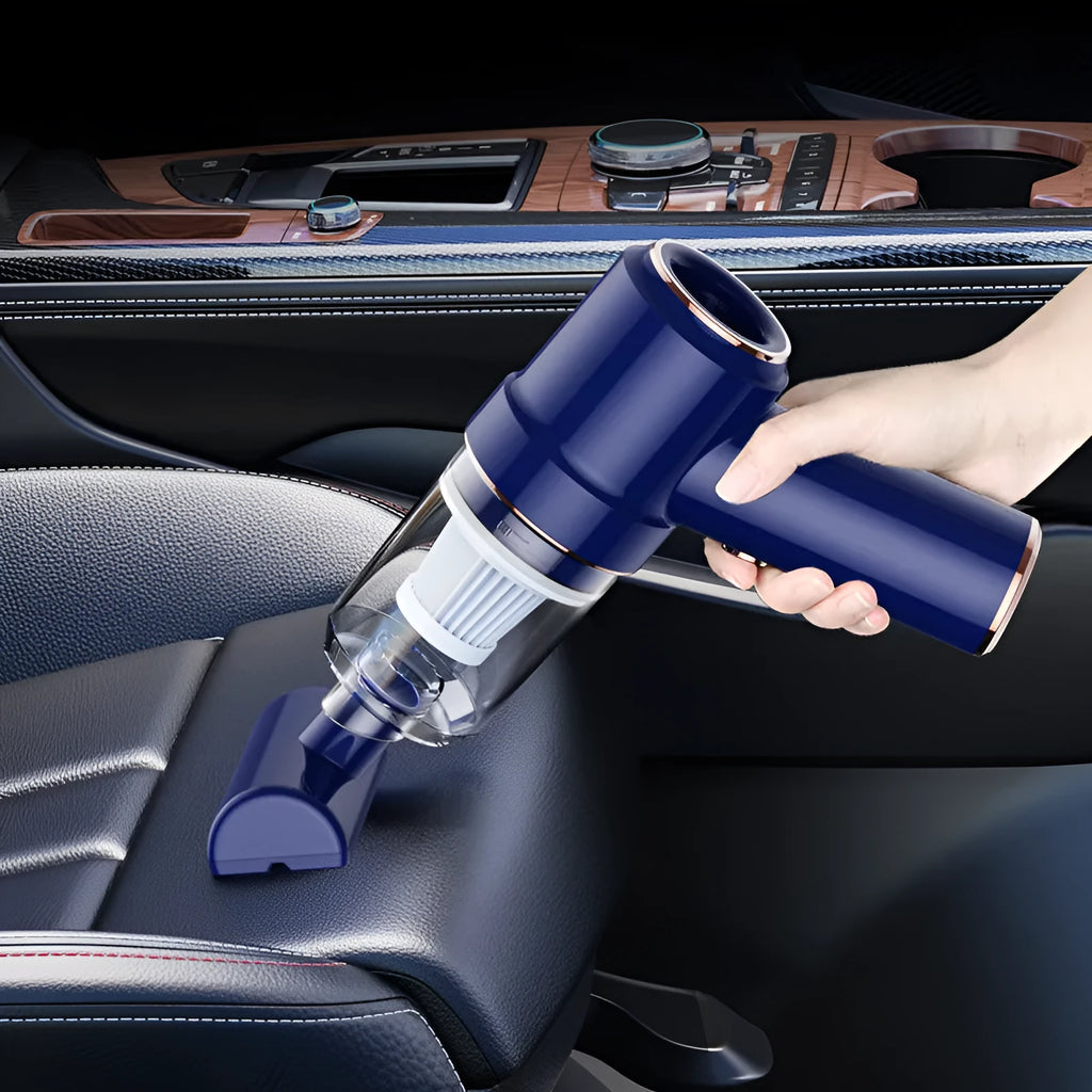 Mini rechargeable wireless vacuum cleaner 8000pa Moran Blue with brush, long straw, and USB cable on light background