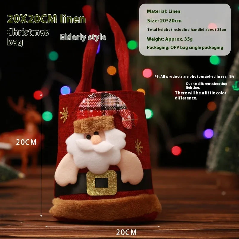 Small cloth Christmas candy tote bag with Santa Claus, snowman, deer and bear character designs
