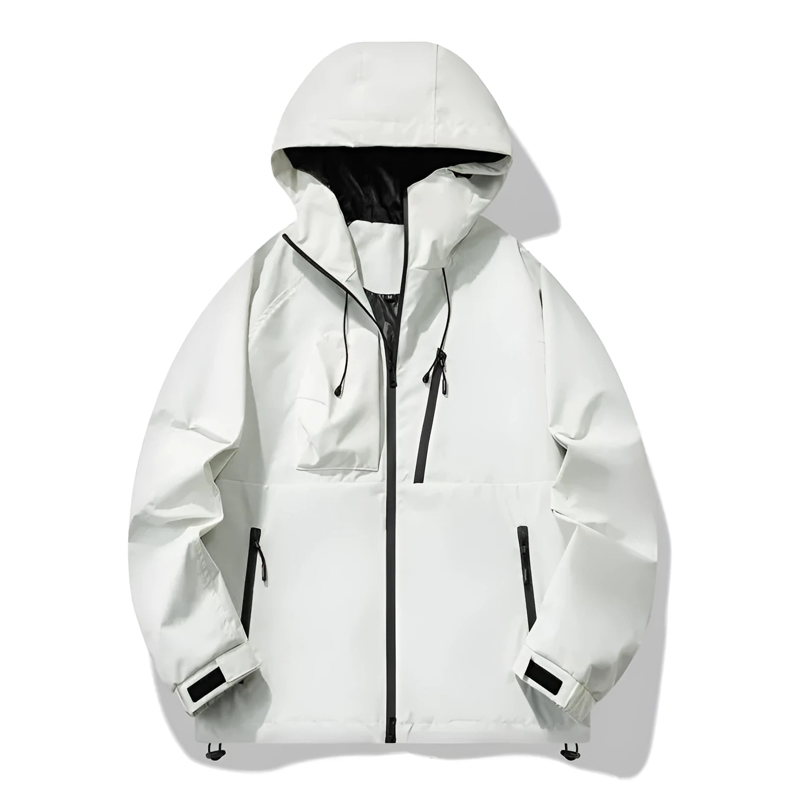 Men's black three-proof outdoor windproof waterproof jacket with zippered pockets, regular fit, polyester blend fabric