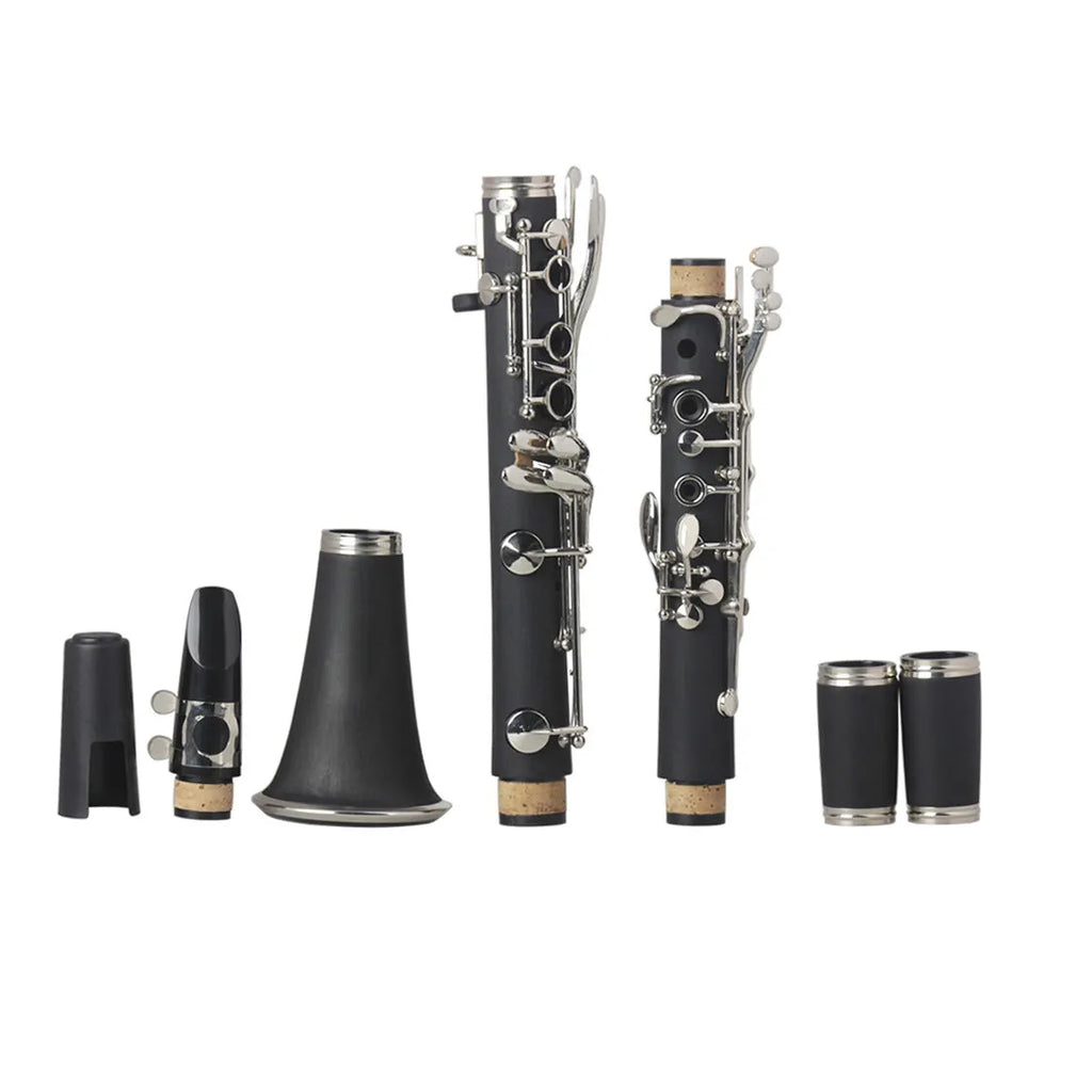 Black Bakelite beginner clarinet with nickel keys and a black carrying bag.