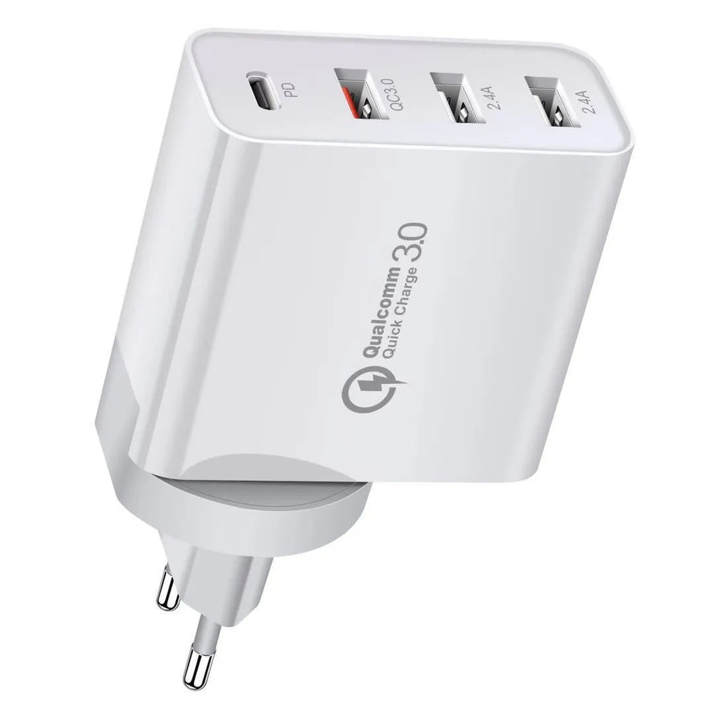White and black multi-port fast charge USB wall charger with PD and QC support on a wooden surface.