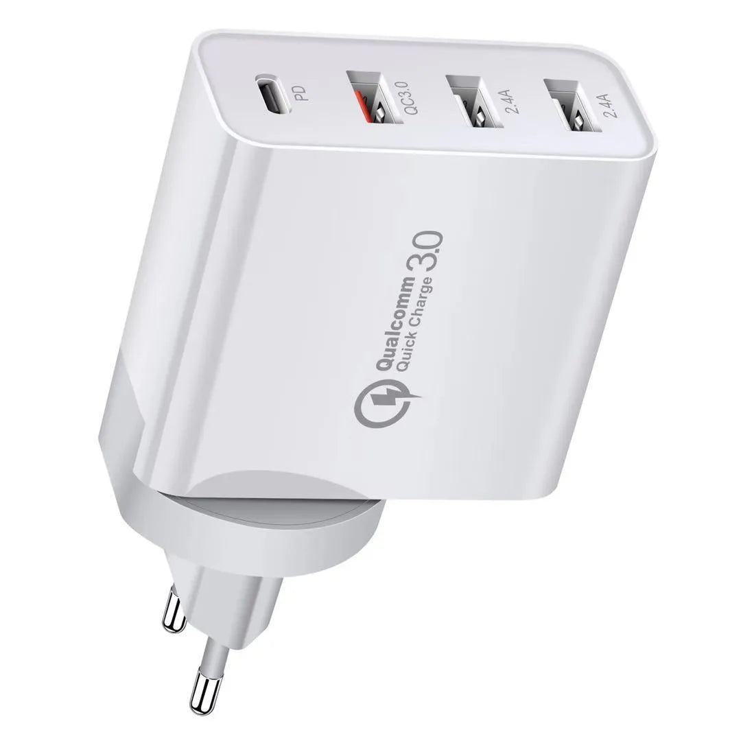 White and black multi-port fast charge USB wall charger with PD and QC support on a wooden surface.