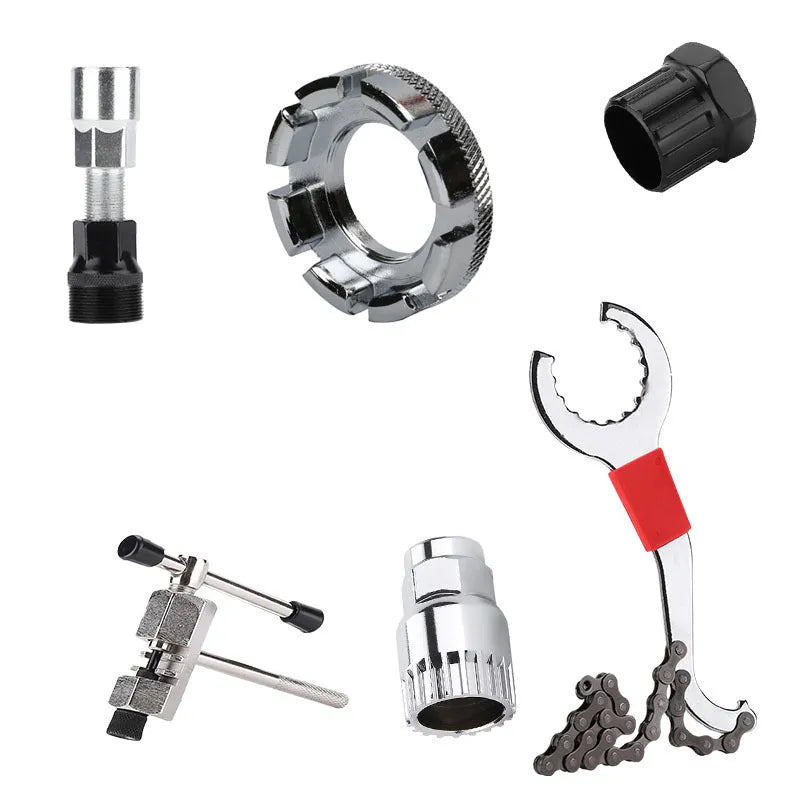 Iron bicycle repair tool set with chain cutting device and central shaft puller for mountain bike maintenance