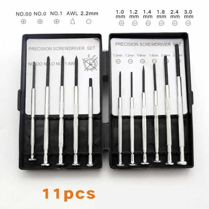 TH-6177 11 piece clock screwdriver set with cross and slotted heads on a non-slip handle.