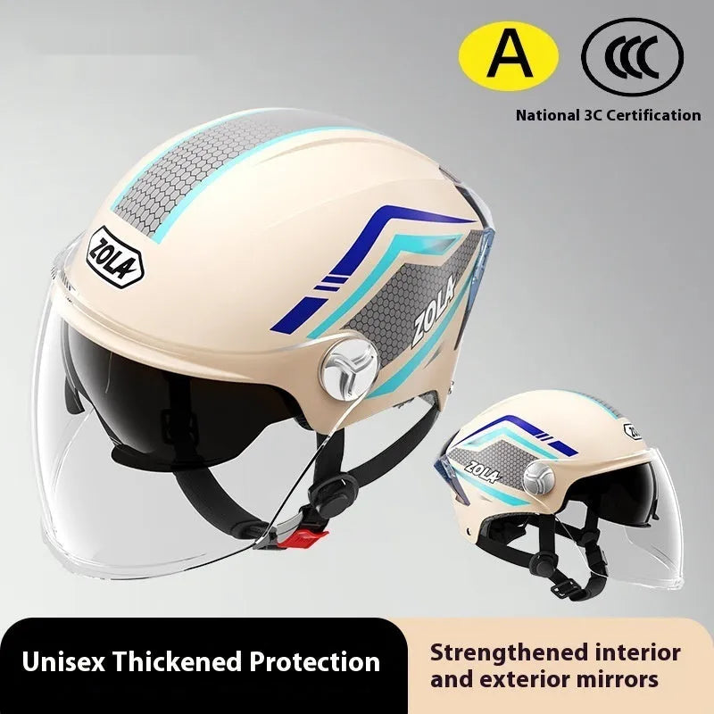 3C certified motorcycle half helmet showing integrated sun visor and dual anti-fog mirrors on a swivel mount.