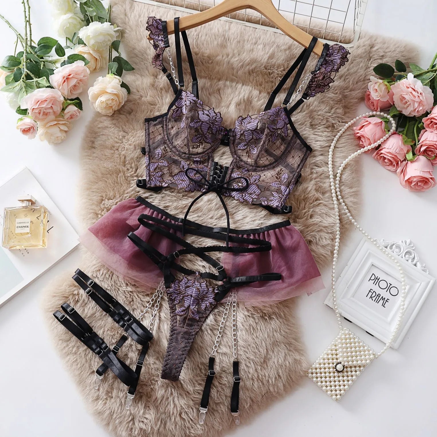 Light blue lace push-up bra and matching pants set with mesh detailing