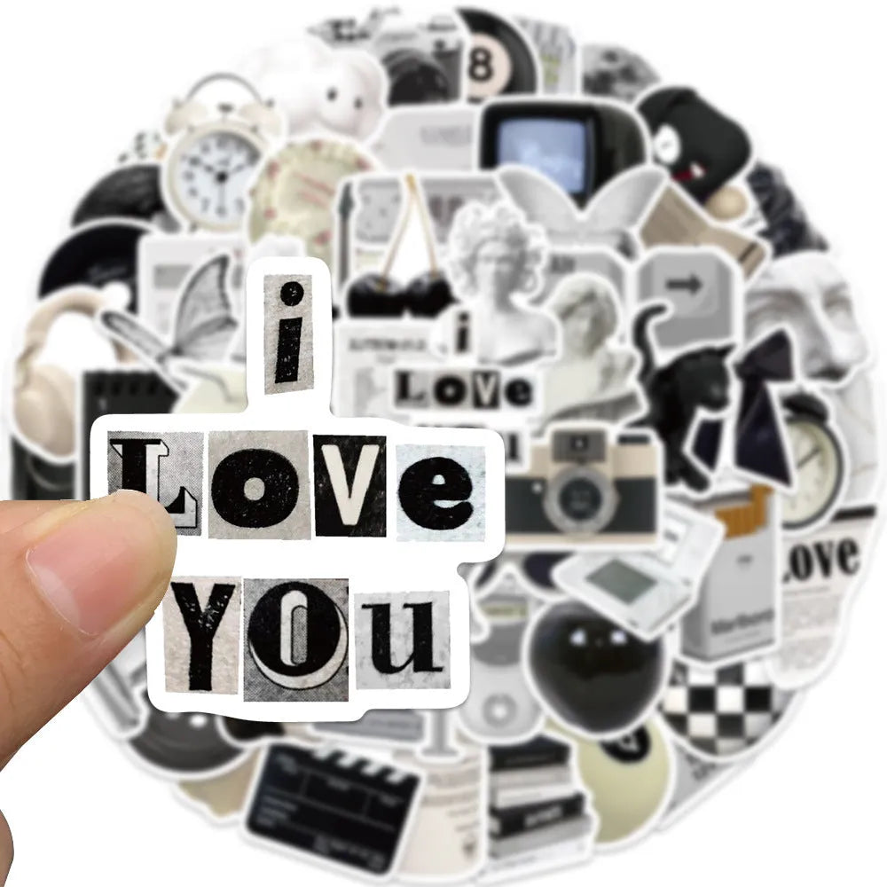 61 black and white simple style PVC vinyl stickers for laptops and phones.