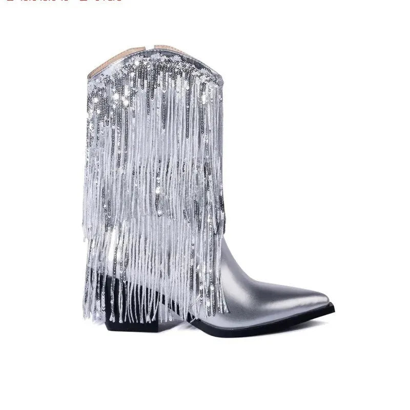 Women's black chunky heel tassel boots with a high stiletto heel and pointed toe on a white background.