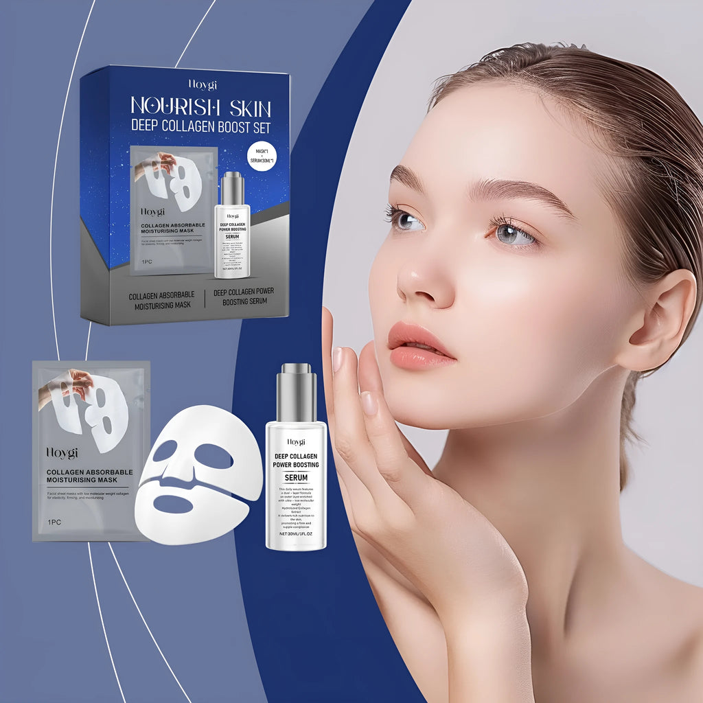 Collagen moisturising skincare set with a gel mask and a 30ml bottle of facial essence.