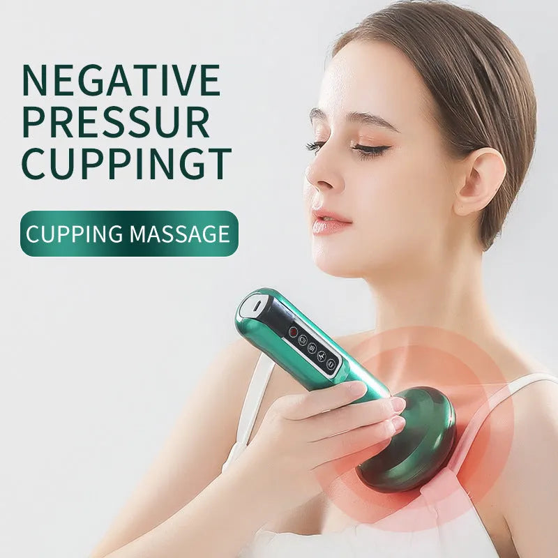 Green electric vacuum cupping massager with suction cup and charging cable